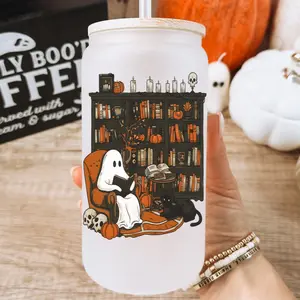 Ghost Reading Glass Cup With lid and Straw, Halloween Pumpkins 16oz Frosted Glass Tumbler with Bamboo Lid, Spooky Season Black Cat Booktok Library Gift Drinkware Plastic