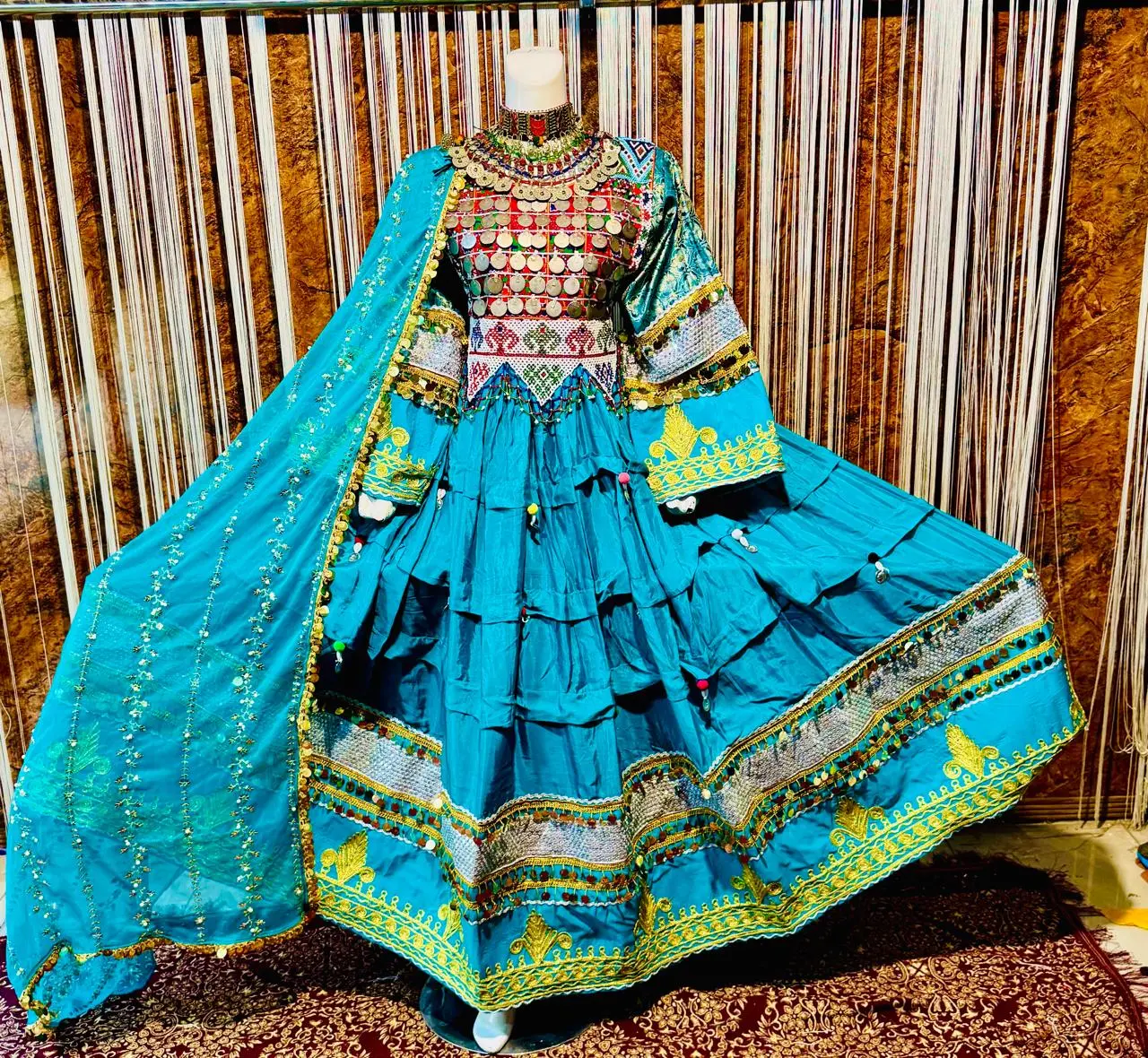 turquoise blue and gold dress The Modernist main image 1