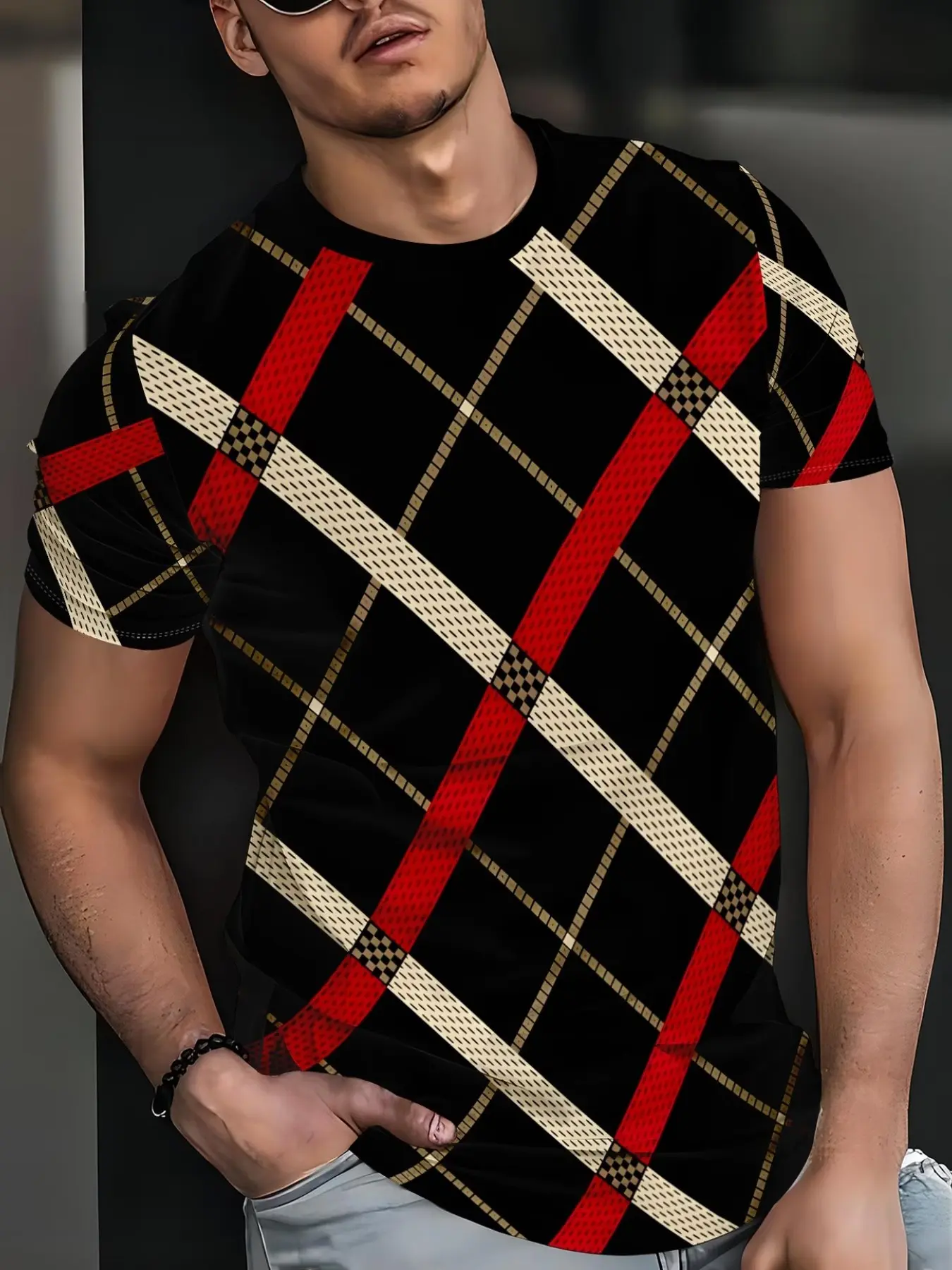 Men's Casual Stretch Polyester Knit Sweater, Rhombic Rhythm 3D Digital Print T-Shirt, Tops, Streetwear, Street Hip-Hop Style, Round Neck Short Sleeve, All Season Comfort