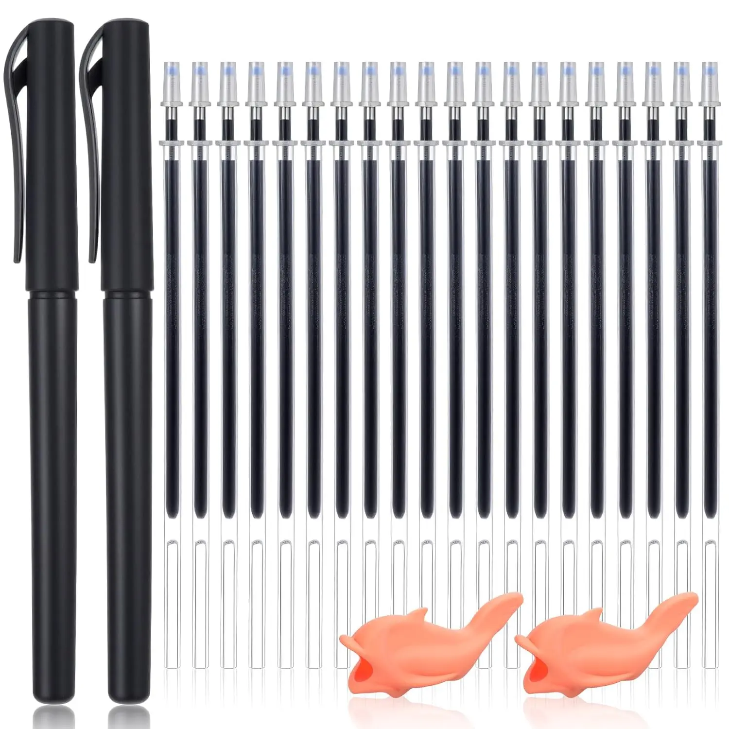 2-Count Refillable Textured Grip Magic Pens & 20 Refills Set - Grooved Writing Practice Tools for Magic Copybooks, Tracing Workbooks with 2 Pencil Grippers, Disappearing Invisible Ink, Textured Grip Pens & Refills, Magic Pens & Refills