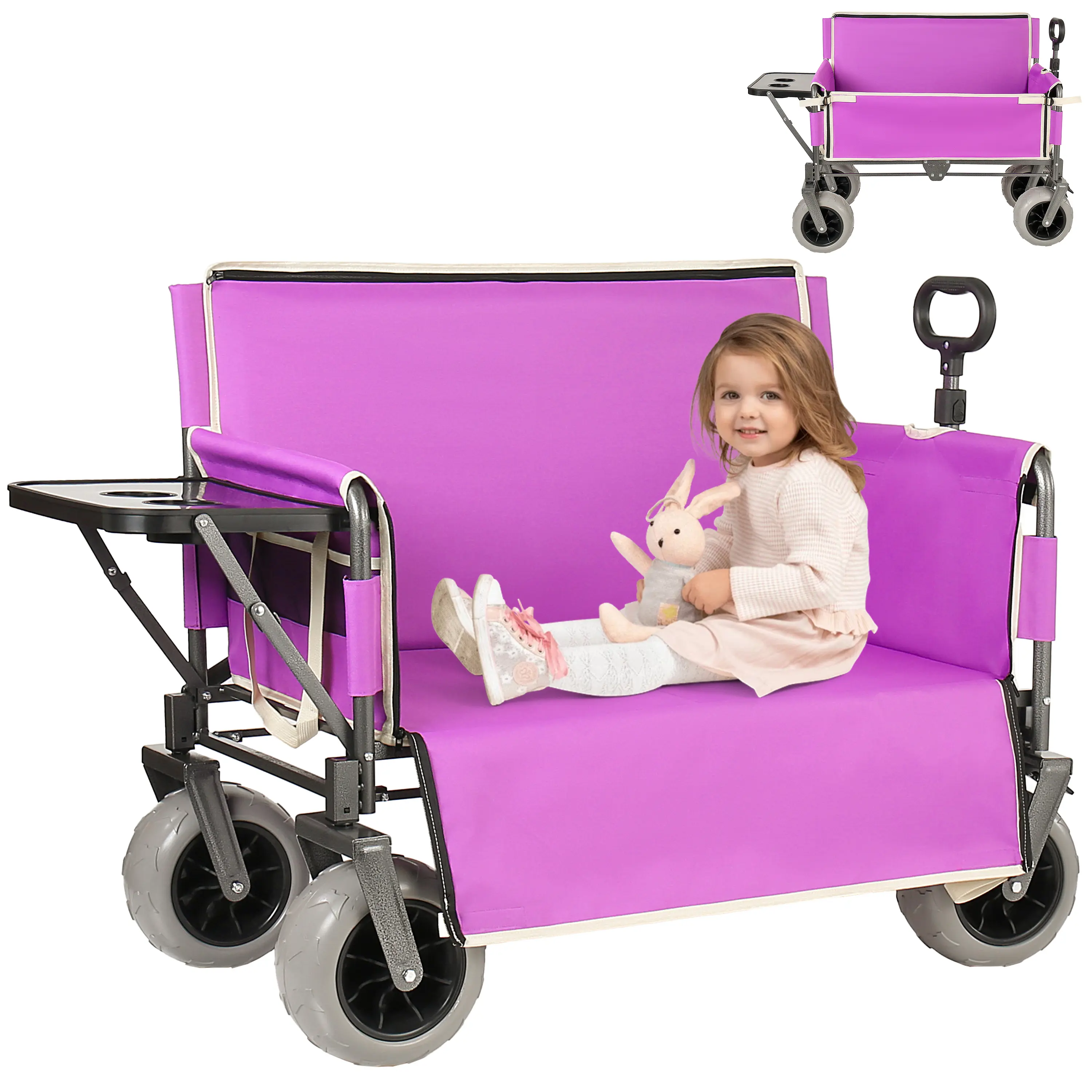 Heavy Duty Collapsible Wagon Cart with Folding Tabletop, 500lbs Capacity 180L Utility Wagon for Camping Beach Garden Fishing, Convertible Bench Wagon, Purple, Living Room Table for Sofa Side, Bedroom, Office, Apartment and Home Decor