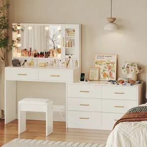 TOKSOM Large Vanity Desk with 3 Color Touch Screen Dimming Mirror,Vanity Desk with Charging Station,Modern Retractable Makeup Dressing Table,Vanity Table With storage shelves and 8 Sliding Drawers,White,Black