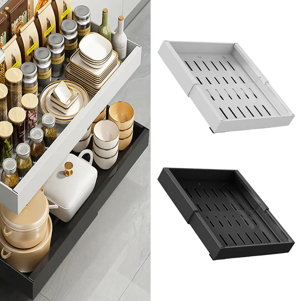 Pull Out Cabinet Organizer, Heavy Duty Expandable Steel Slide Out Drawer with Smooth Slides - Adhesive No Drill Hook Installation Adjustable Width Storage Rack (1pc)