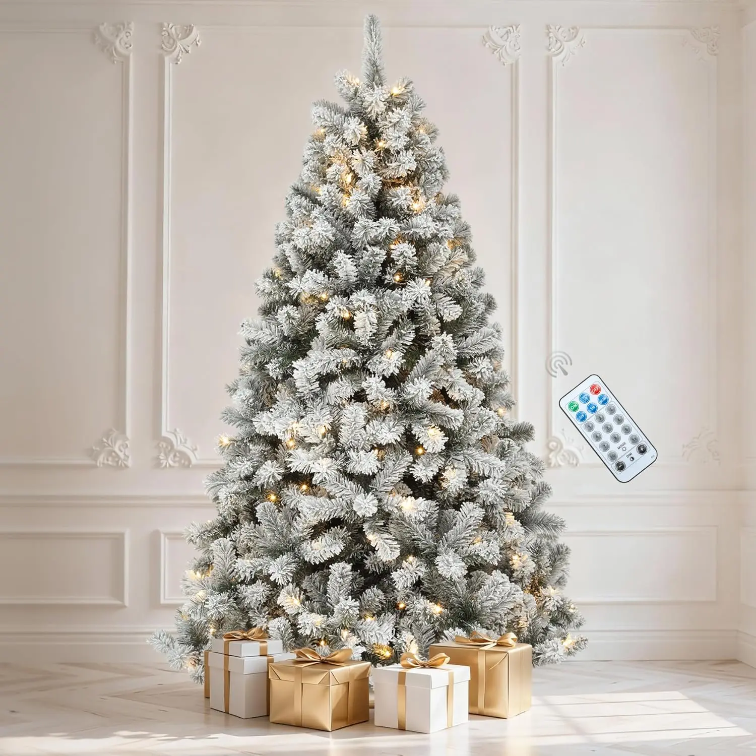 YITAHOME 7.5 ft Prelit Snow-Flocked Artificial Pine Christmas Tree, Full Xmas Tree with 550 Lights, 11 Lighting Modes, 1360 Tips, Foldable Base for Home and Party Decor