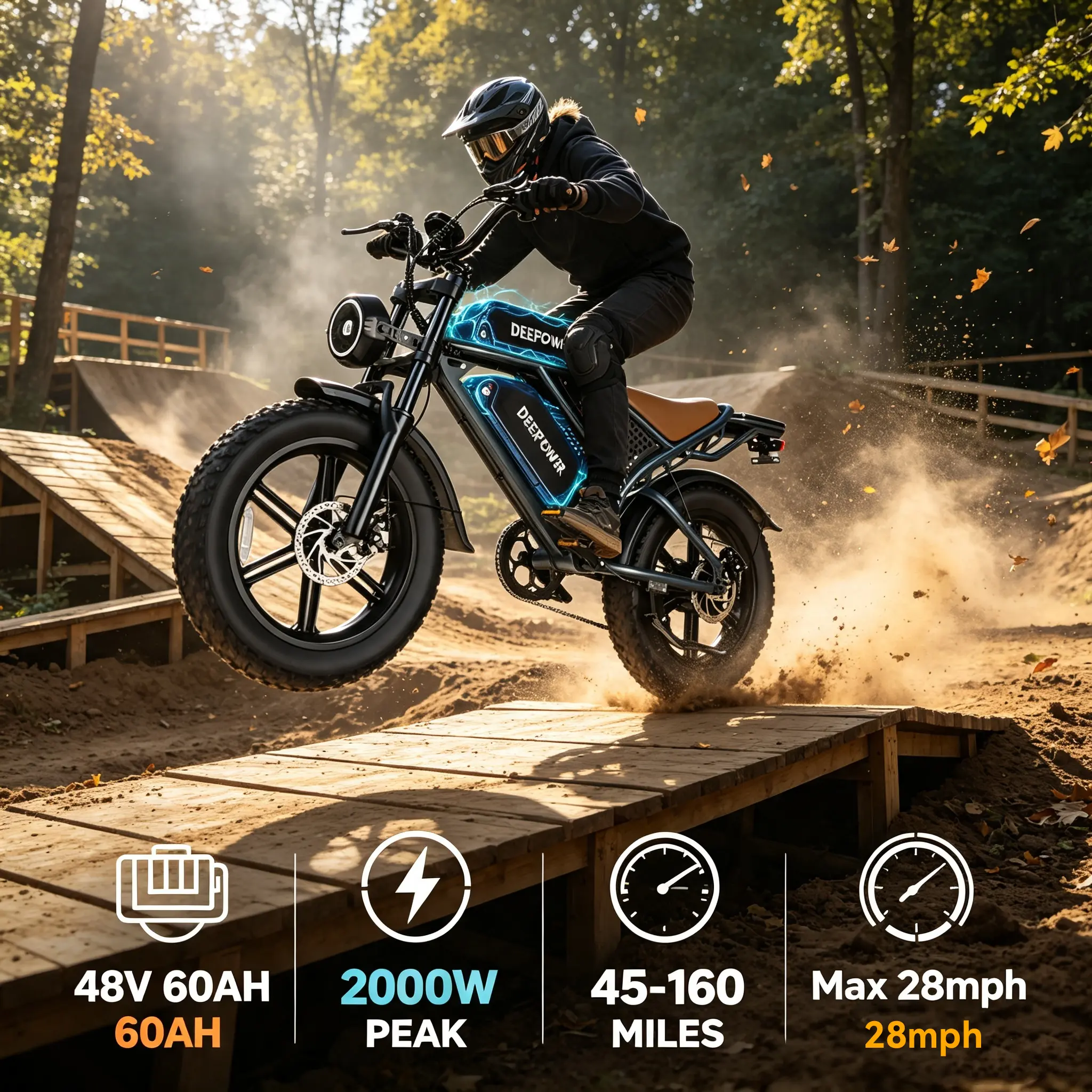 2026 DEEPOWER｜2000W Peak｜28 MPH Max Speed｜48V 20AH 35AH 60AH Removable Battery｜45‑160 Miles Long Range｜Full Suspension｜20" Fat Tires｜LED Headlight｜UL Certified｜sohochic｜Mountain Trails｜Camping｜Road Trip｜Fat Tire Electric Dirt Bike for Adults