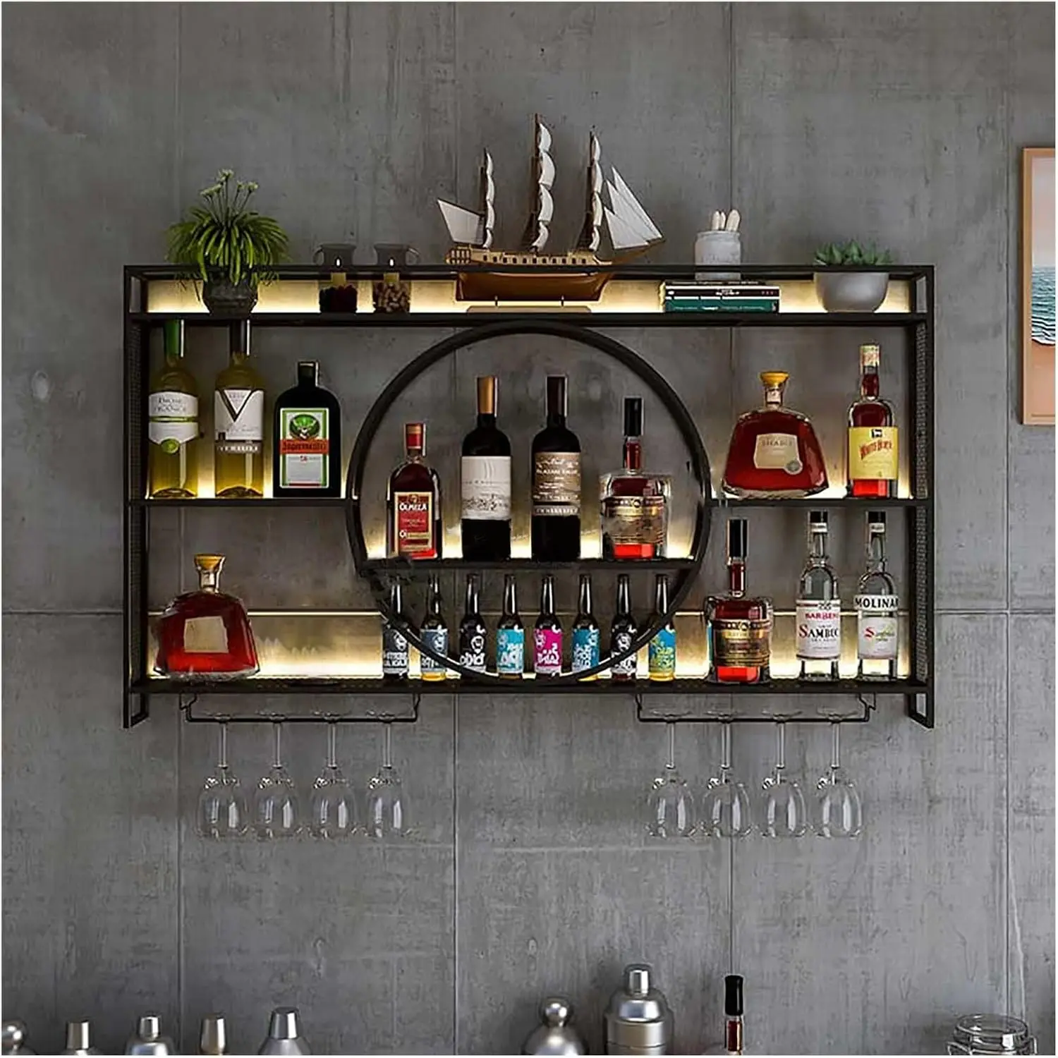 Wine Rack Wall Mounted 3 Tier Metal, Floating Shelves For Kitchen With LED Light, Hanging Floating Bar Liquor Bottles Bar Wall Shelves, Liquor Bar Display Shelf, For Home Bars Kitchen(Black,140x80x15c