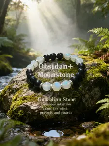 Natural Obsidian Moonstone Dual Stone Bracelet, Strengthen Guardian Barrier, Soft Glow Enhances Intuition, Cure Anxiety, Casual Wear