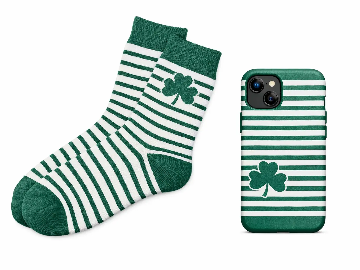 Women's Faith Hope Love Encouragement Matching Set - Low Ankle Striped Socks & Coordinated Universal Phone Case with Shamrock Motif for Everyday Wear, Low Ankle Socks, Casual, Irish Tradition, Three-Leaf Clover