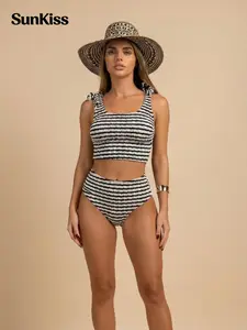 Sunkiss Women’s Two Piece Swimsuit Ribbed Striped Crop Top High Waisted Bikini Set Tummy Control Stretchy Beach Vacation Swimwear