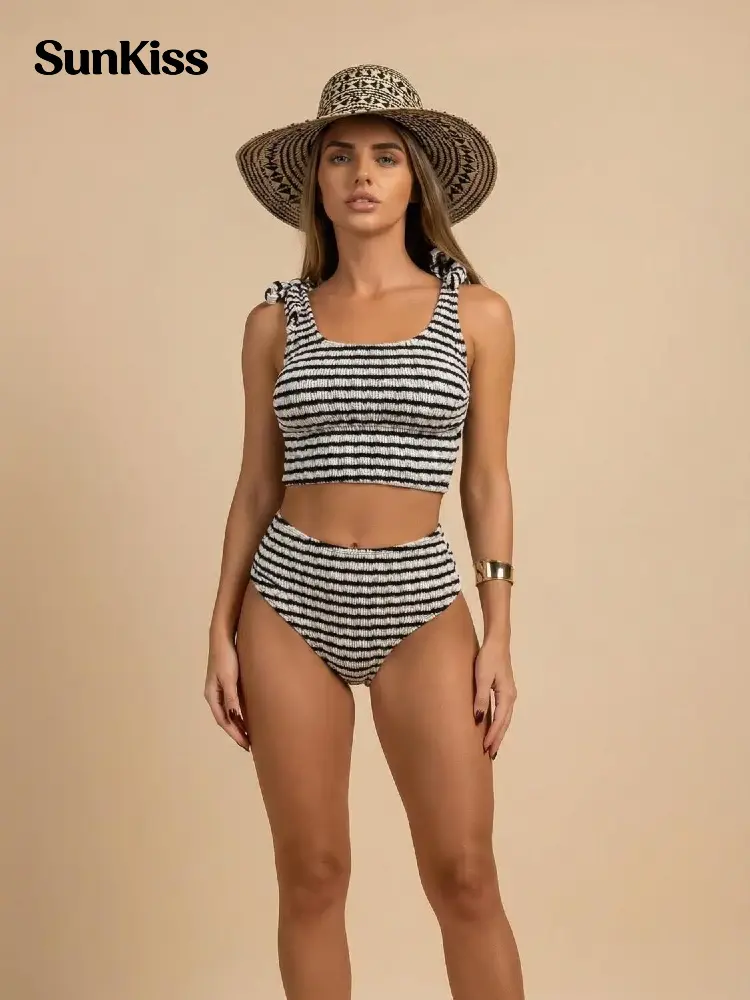 Women's Sunkiss Ribbed Stripe High Waist 2-Piece Bikini - Stylish Bathing Suit with Stretch Fabric for Beach Vacation