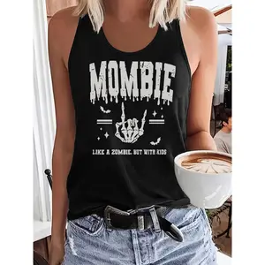 Women'S "Mombie" Graphic Tank Top - Casual White Sleeveless Shirt with Zombie Design, Scoop Neck, Lightweight Polyester for Spring & Summer, Everyday Tank Tops| Playful Graphic Print| Comfortable Fit, Ladies Tank Tops