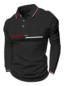 Men's Buttoned Polo Neck Long Sleeve Sweater, Paris Letter Block Print Design, Casual Fitted Pullover for Spring Fall Winter