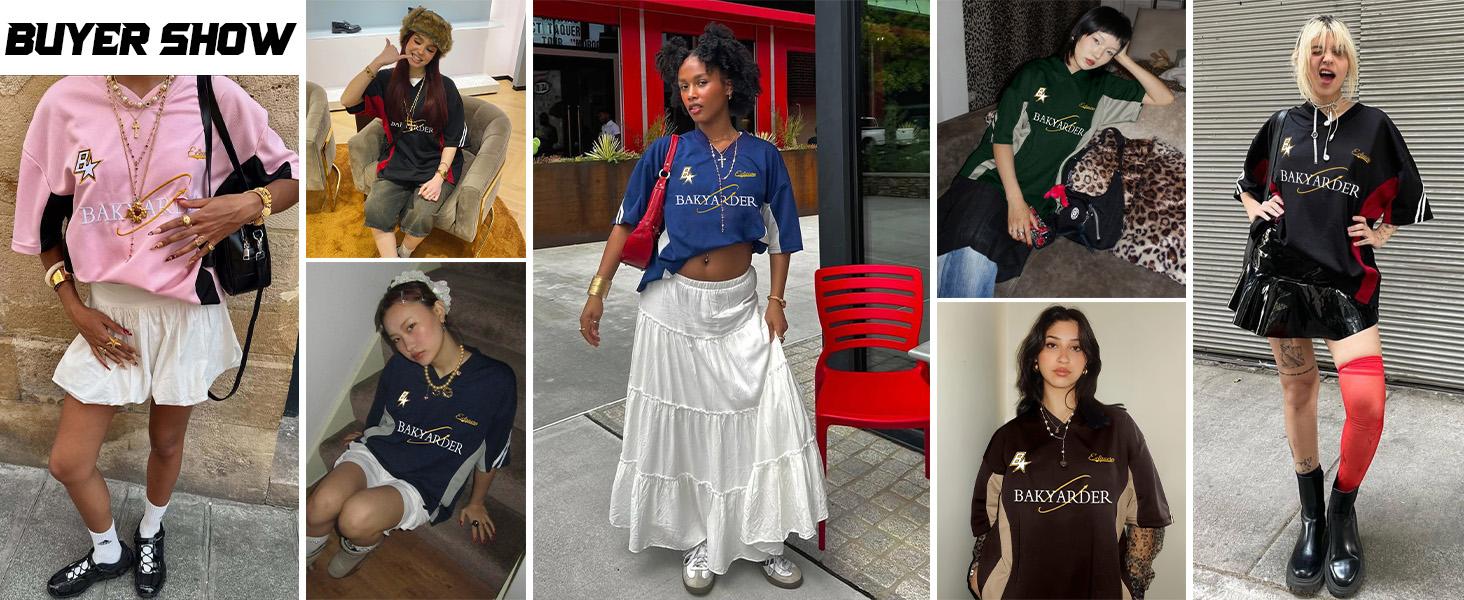 Bakyarder Men’s Vintage Oversized Jersey Shirt 90s Y2K Streetwear V Neck Embroidered Color-Block Loose Fit Casual T-Shirt