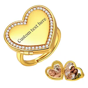OIDEA Heart Photo Locket Ring for Women Cubic Zirconia Opening Picture Keepsake Engravable Memorial Personalized Gift