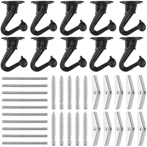 SEISSO 10 Sets Ceiling Hooks - Heavy Duty Metal Swag Hook with Hardware and Toggle Wings for Hanging Plants Ceiling Installation Cavity Wall Fixing (Black)