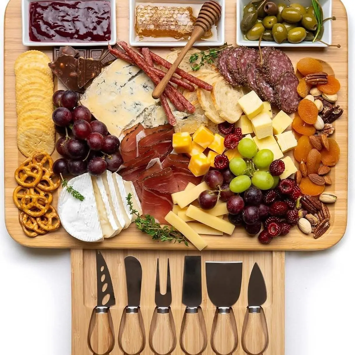 Charcuterie Boards,Cheese Board in cludes 6 Cheese , 3 Seasoning Plates, with Platter and Drawer, Matching for Gatherings, Outing Door Use