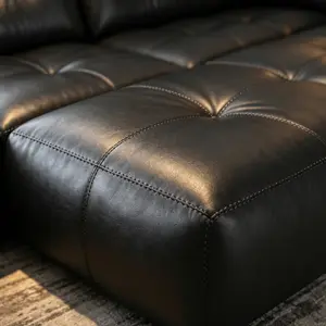 L-Shaped Button Tufted Top Grain Leather Sectional Sofa with Ottoman, Black Deep Seat Chaise Lounge Couch, Modern Luxury Living Room Furniture