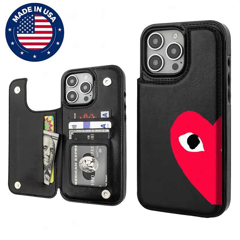 Custom LOVE Aesthetic Vintage TPU-PU Leather Cellphone Case with Card Holder, Shockproof, Anti-Scratch Cover for iPhone 16/15/14/13/12 Plus Pro Max, Mobile Phone Accessory
