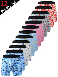 12pcs/Pack Men's Graphic Print Boxer Briefs, Underwear Boxers, Long Leg Anti-Chafing Underwear, Multi Patterned Shark High Stretch Trunks, Bulk Value Pack Moisture Wicking Soft Performance Shorts, Comfortable Mid Rise Athletic Panties