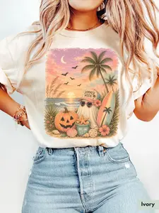 Comfort Colors Summerween T-Shirt - Beach Ghost In Heart Sunglasses And Summer Ween Cap With Pumpkin Surfboard Palm Trees Starfish Shells Hibiscus Bats And Sunset , Halloween Summer Tee For Women , Tropical Vacation Outfit , Summerween Party Gift