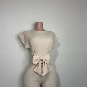 Top and Pant Set - Beige Short Sleeve Top with Bow Detail & Matching High Waist Pants for Women