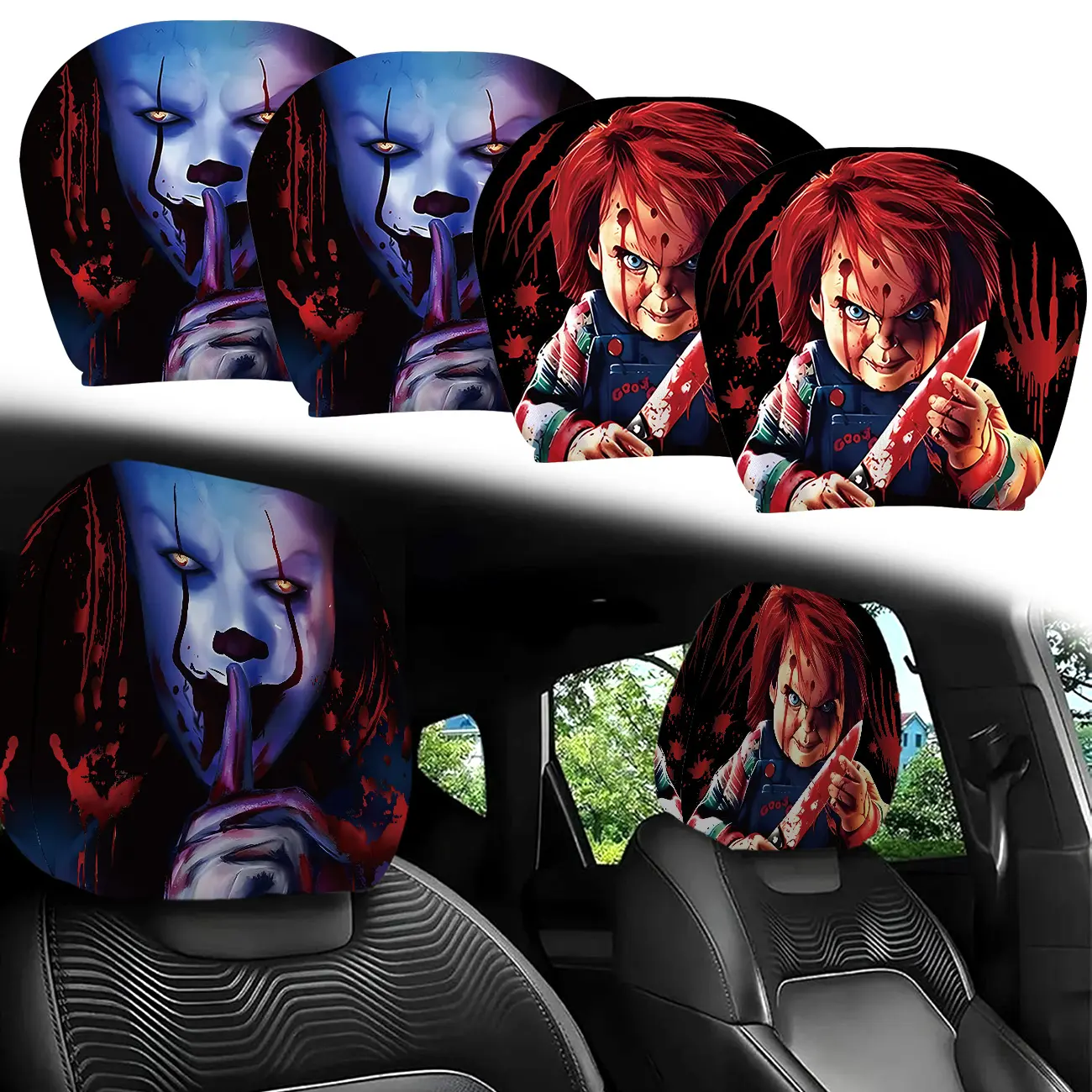 2PCS Spooky Horror Movie Printed Car Front Seats Headrest Covers - Funny Halloween Protectors, Automotive Decorative Accessories for Car Decor & Halloween Party Use Gothic Car Accessories Car Decorations