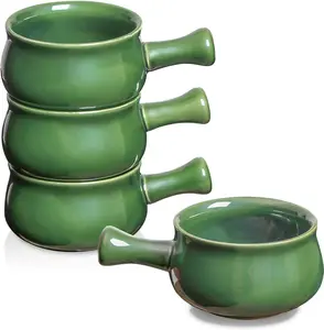 vicrays French Onion Soup Bowls With Handles, 26 Ounce for Chili, Soup, Beef Stew, Chip Resistant, Microwave Dishwasher Safe, Set of 4 (Green) Tableware