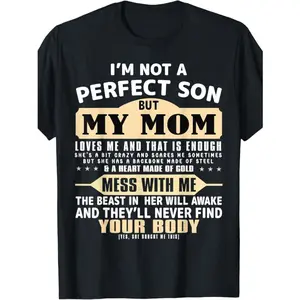 Womens Black Cotton Graphic Tee Funny Mom Quote Shirt Short Sleeve Crewneck Casual Streetwear Mother Son Gift For Mothers Day Birthday Family Photo Outfit