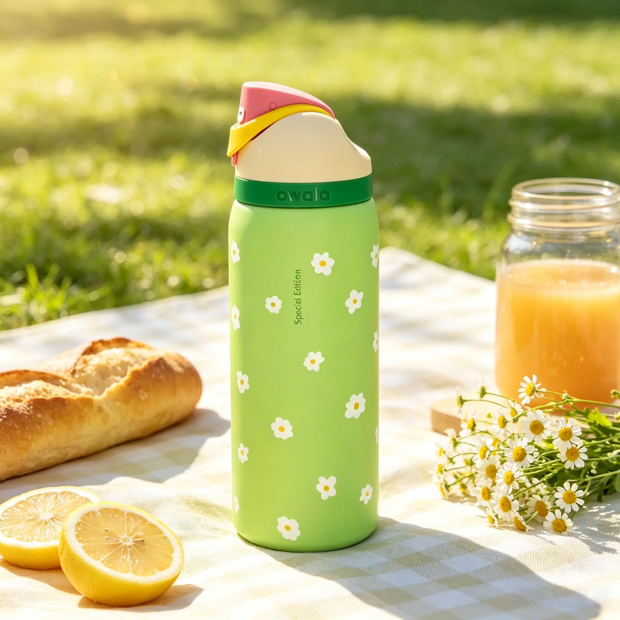 Owala 32oz Pastel Green Floral Insulated Water Bottle Leakproof Travel Tumbler with Straw Lid Drinkware Flasks Portable Bottled Mug Washable Stainless Steel Insulation Reusable