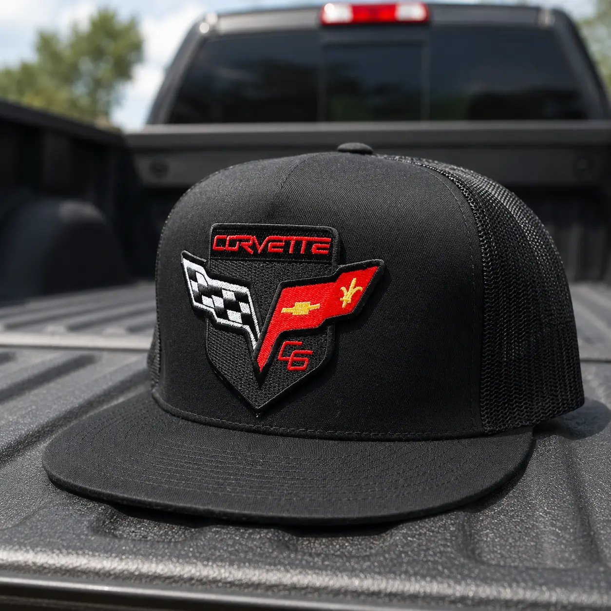 White Corvette C6 Embroidered Trucker Hat, 7 Panel Mesh Snapback Cap, Classic Corvette Racing Patch Outdoor Hat, Adjustable Performance Trucker Cap, Gift for Car Enthusiasts