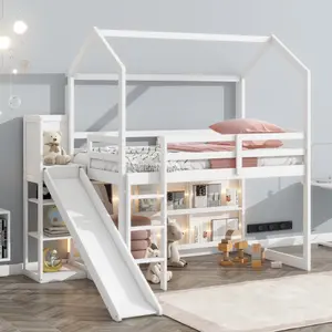 [Bellemave]Twin Size Wood House Loft bed with Slide, Storage shelves and Light, White