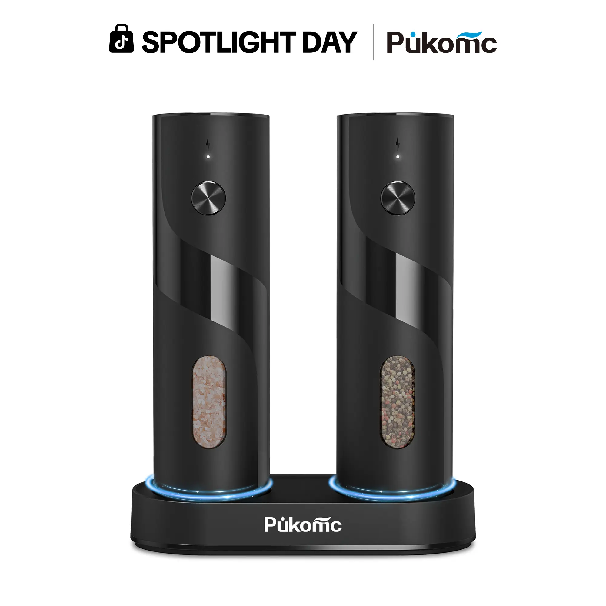 PUKOMC Electric Salt and Pepper Grinder 2-Pack (Black Set) - Modern Kitchen Seasoning Utensil with Rechargeable Charging Base, Adjustable Coarseness, Large Hopper for Cooking, Home Gift, SohoChic