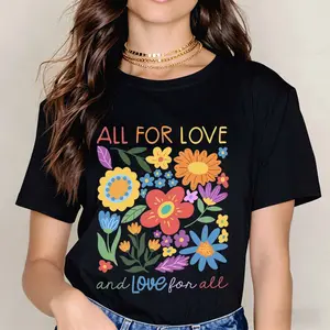 Floral Pattern And Text All For Love And Love For All T Shirt Black Casual Short Sleeve Top For Everyday Wear And Leisure Activities