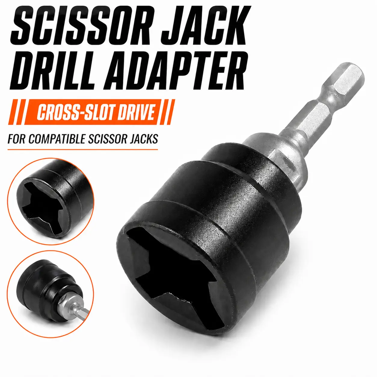 Heavy Duty Black Scissor Jack Drill Adapter and Socket Converter for Power Drills Roadside and Garage Tire Changes