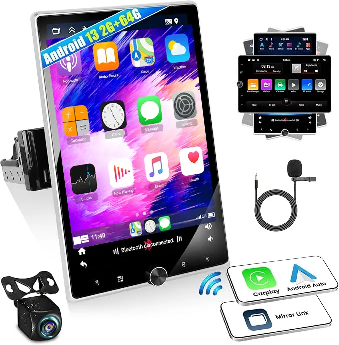 RIMOODY Single Din Vertical Automotive Touchscreen Car Radio - 10.4-Inch Rotatable Touch Screen Android 15 Unit (2G+64G) with CarPlay, Android Auto, EQ Audio, Bluetooth 4.2, SWC, GPS Navigation, FM RDS Radio, AHD Backup Camera, All Necessary Cables