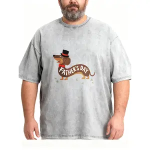 Men's Plus Size Father's Day Dachshund Graphic Washed T-Shirt, Cute Dog Lover Short Sleeve Tee