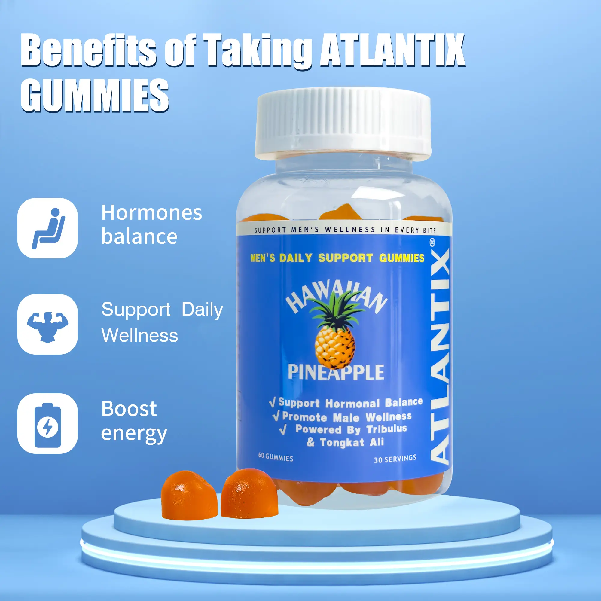 ATLANTIX - Men's Health Supplement Gummies - Sugar-Free - 60 Gummies - One-Month Supply Dietary Healthcare Vitamin Edible