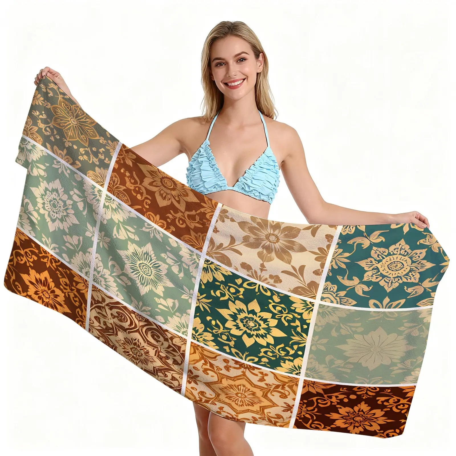 Vintage Tile Floral Beach Towel, European Symmetric Pattern, Quick Dry Absorbent Soft Skin-friendly, Ideal for Summer Beach Vacation Pool Party Use