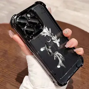 A creative gray hand-painted double goldfish pattern electroplated phone case, TPU anti-drop full protection case with electroplated frame,suitable for iPhone17/16/15/14/13/12/11 PRO PROMAX PLUS AIR XSMAX, is an ideal gift for friends and family,SJQNDD140