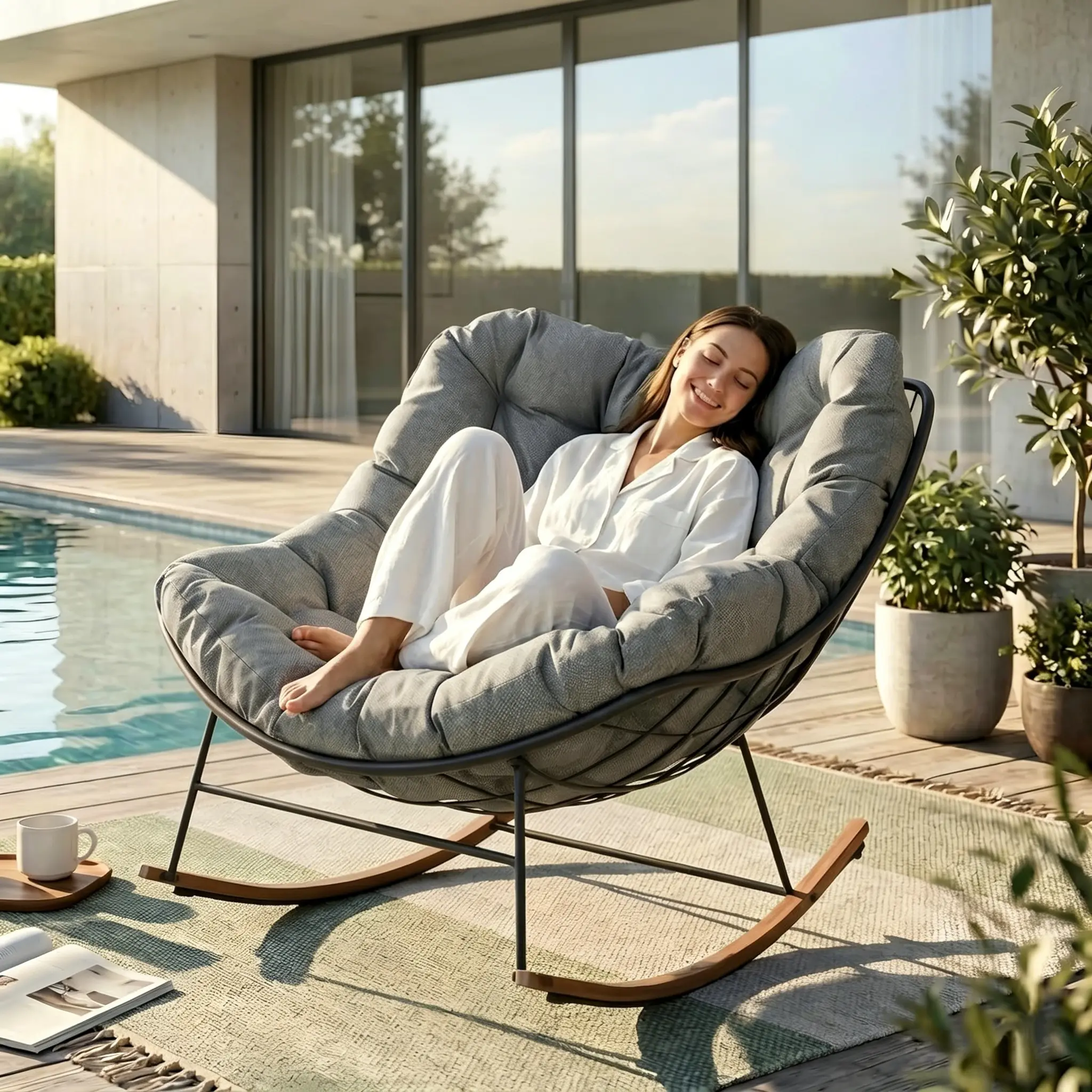 Virplik Oversized Papasan Rocking Chair with Thick Cushion - Indoor-Outdoor Cozy Rocker for Patio, Living Room balcony garden reading nook