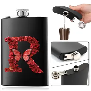 8oz Rose & Letter Pattern Metal Hip Flask, 1 Count Stainless Steel Liquor Organizer with Lid & Cup, Drinkware for Home Kitchen Party, Elegant Bottle