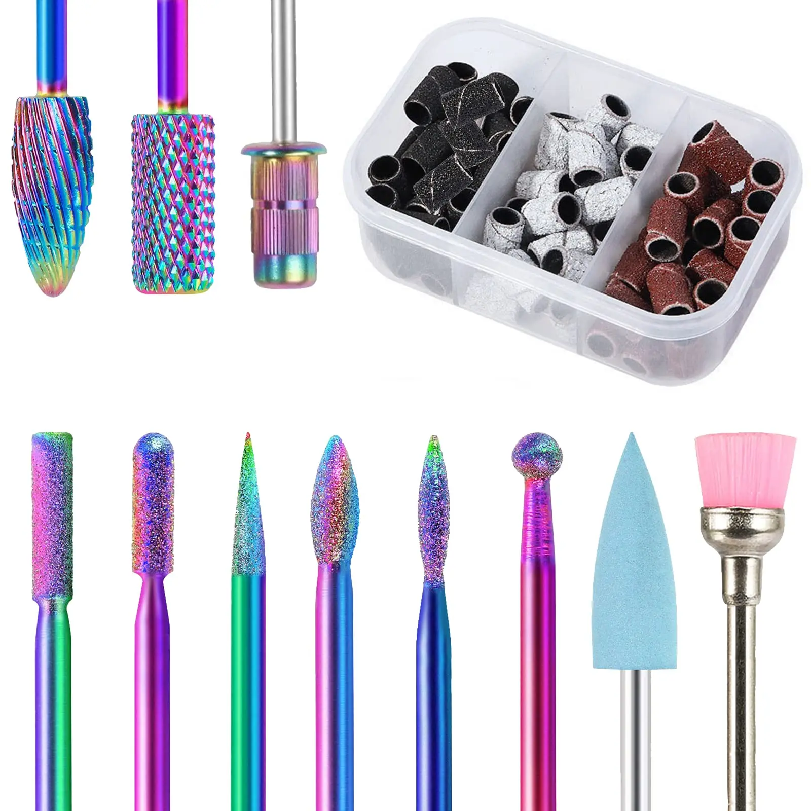 Nail Drill Bits, 10Pcs 3/32 in Carbide Professional Drill Bit Set for Nail Tech, Remove Acrylic Gel Nails, Manicure with 75Pcs File Sanding Bands