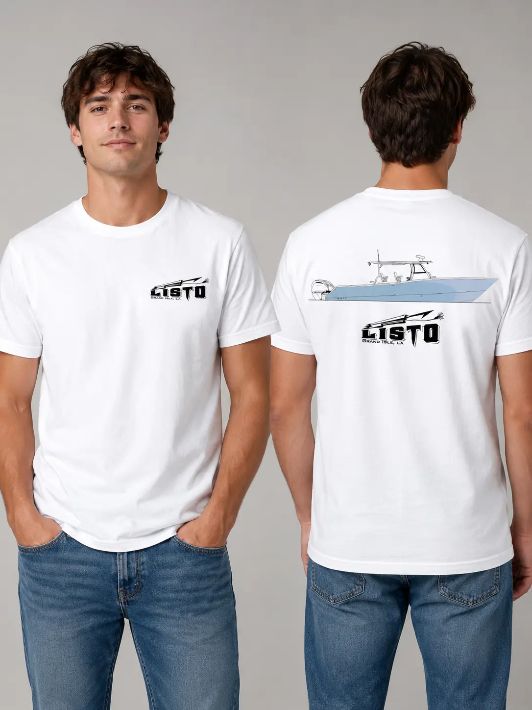 Listo Sportfishing Boat Men’s T-Shirt –  Graphic Tee with Center Console Boat Design, Grand Isle LA