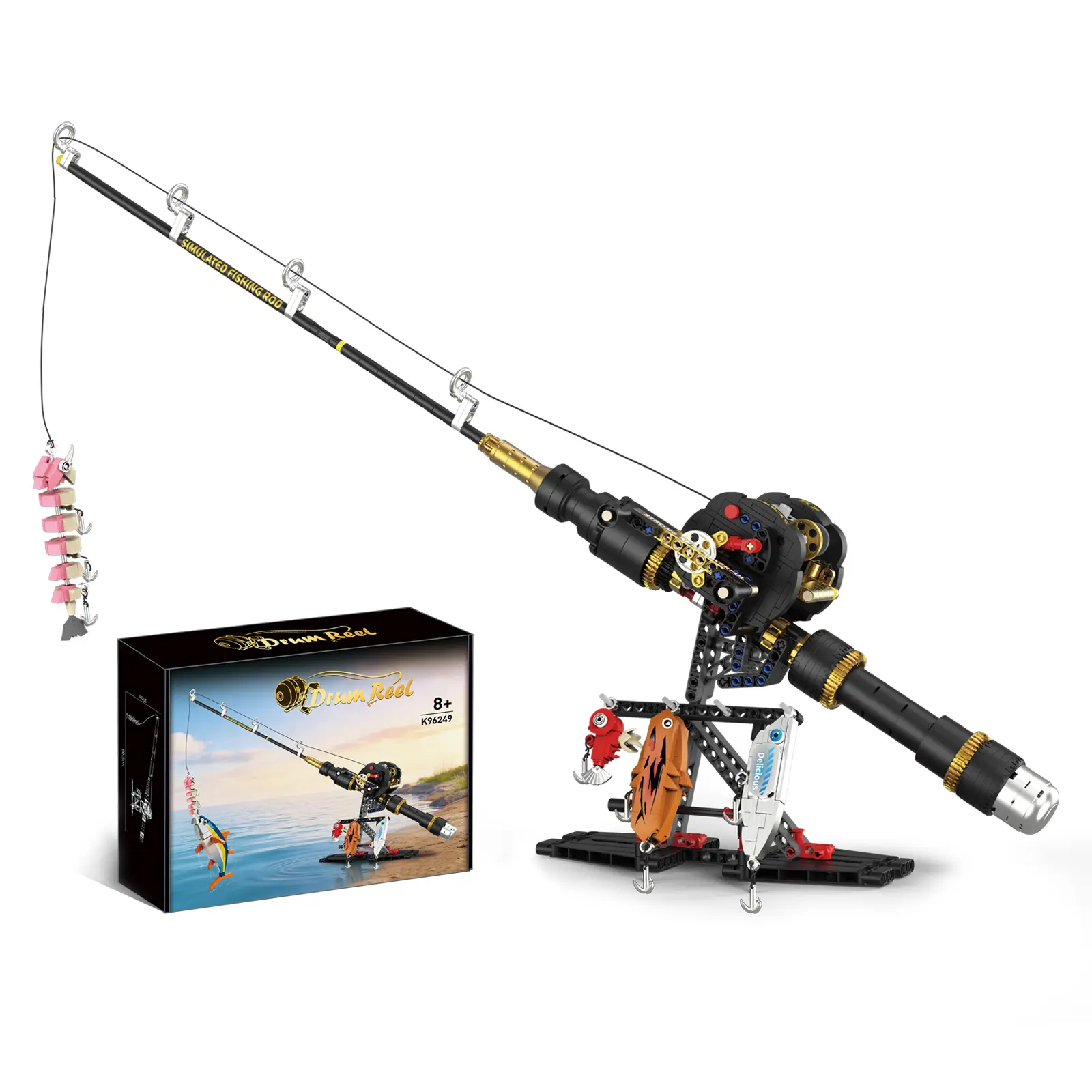 Plavio 589PCS Professional Mechanical Fishing Rod Building Kit - ABS Plastic, Conventional Reels, Multi-gear Spin, Precision Blocks, 4 Lures, Stand, Black Gold Style Parts - Unisex Fishing Gear Supplies for Serious Anglers