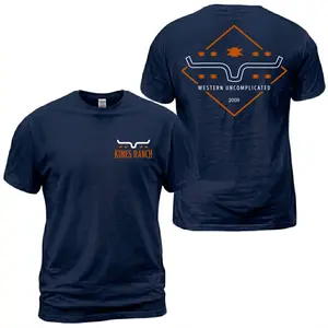 Kimes Ranch Western Aztec Diamond T-Shirt, Western Ranch Graphic Tee, Bull Horn Logo Navy Country Shirt, Front Chest Logo And Large Back Print Tee, Cowboy Rodeo Outfit Gift For Men And Women