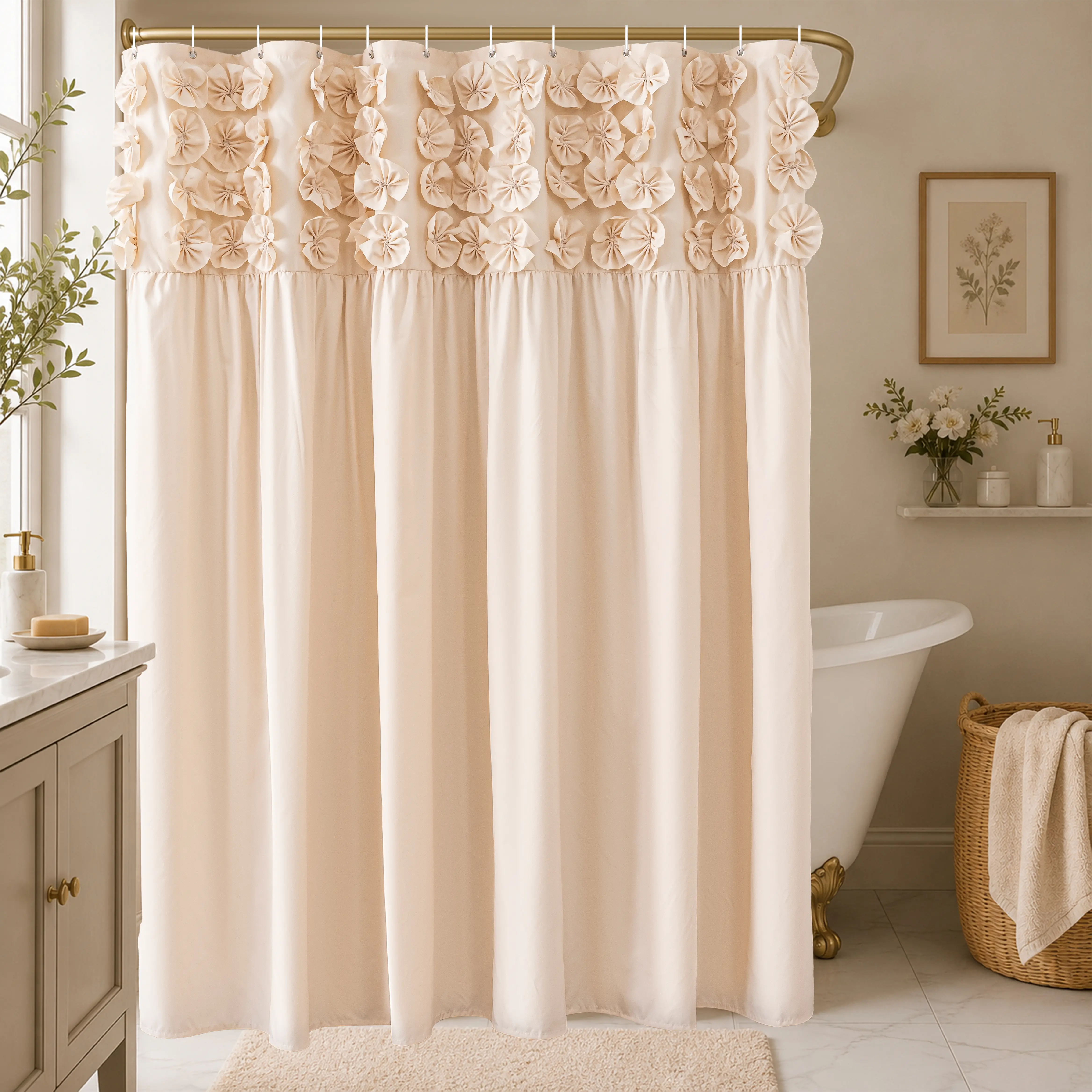 YRZTRK 72x72 in Ruffled Shower Curtain, Vintage Handcrafted Bowtie Ruched Microfiber Bath Curtain with 12 Buttonholes for Master Bathroom, Bathroom Decor, Shower Curtains
