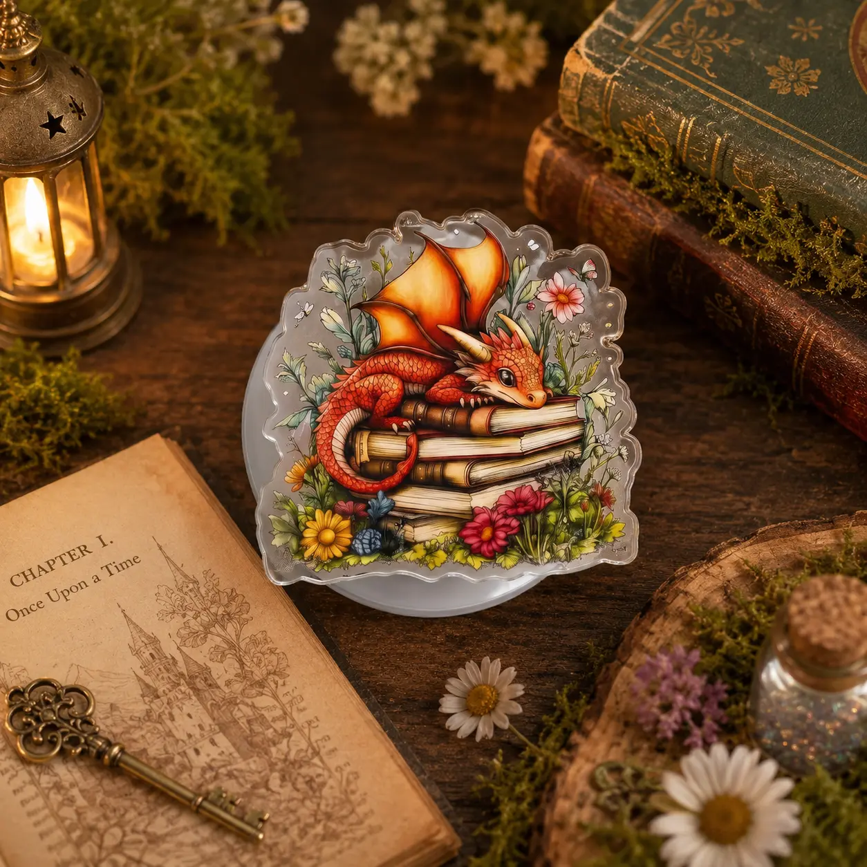 2D Acrylic Sleeping Dragon on Books Phone Grip - Fantasy Mythical Theme Expandable Phone Stand Holder Anti-Drop Finger Grip