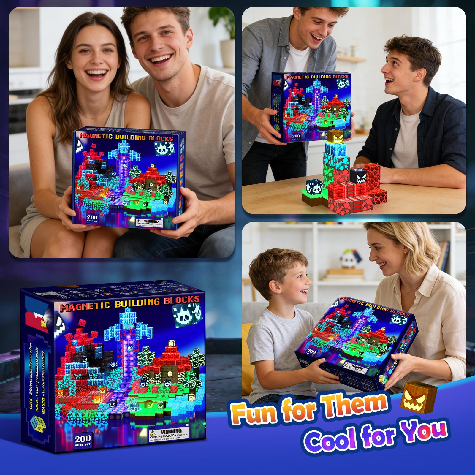 200 PCS-Fluorescent Magnetic Building Blocks with Drawstring Bag Bright Toys STEM Montessori Sensory Toys Birthday Couple Gifts