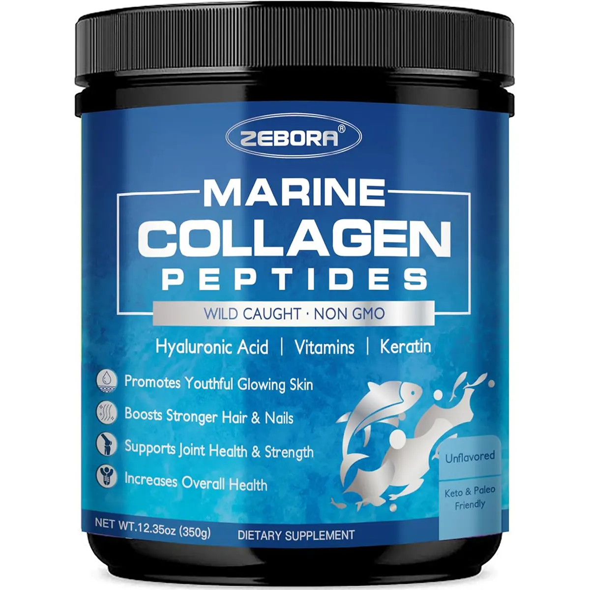 ZEBORA Marine Collagen Peptides Powder with Hyaluronic Acid - 35 Servings Unflavored US Beauty Supplement for Hair, Nail & Skin Care, GMO-Free Edible Dietary Supplement