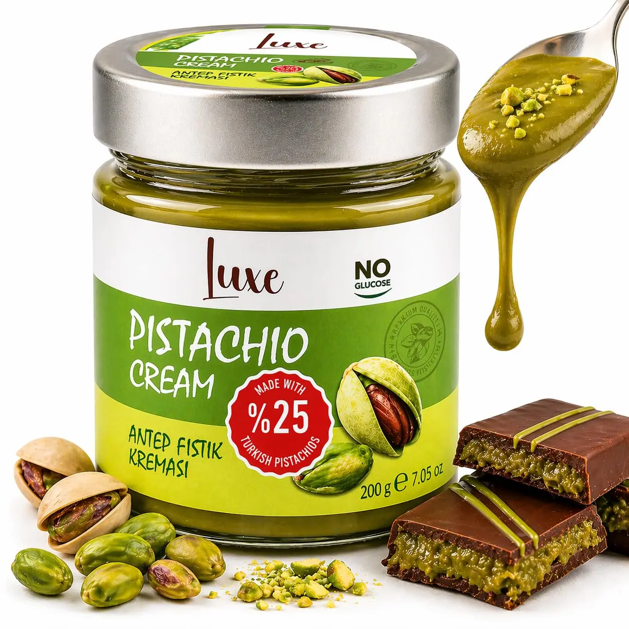 Luxe Pistachio Cream Spread – 7.05 oz (200g), Made with 25% Antep Pistachios | No Glucose, No Preservatives | Premium Pistachio Cream for Desserts & Dubai Chocolate